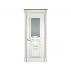 Межкомнатная дверь ТЕКОНА Смальта 03, Белый ral 9003  патина золото со стеклом Сатинат, пескоструйная обработка