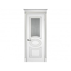Межкомнатная дверь ТЕКОНА Смальта 03, Белый ral 9003  патина серебро со стеклом Сатинат, пескоструйная обработка
