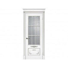 Межкомнатная дверь ТЕКОНА Смальта 09, Белый ral 9003  патина серебро со стеклом Сатинат, пескоструйная обработка