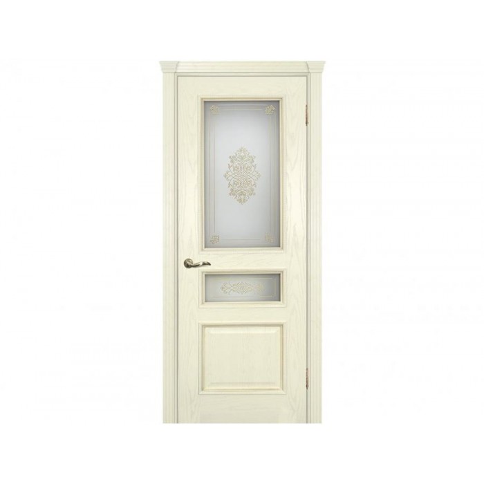 Межкомнатная дверь ТЕКОНА Фрейм 03, Ясень Бисквит со стеклом Белое, контурный витраж золото рис. №2 (два стекла)