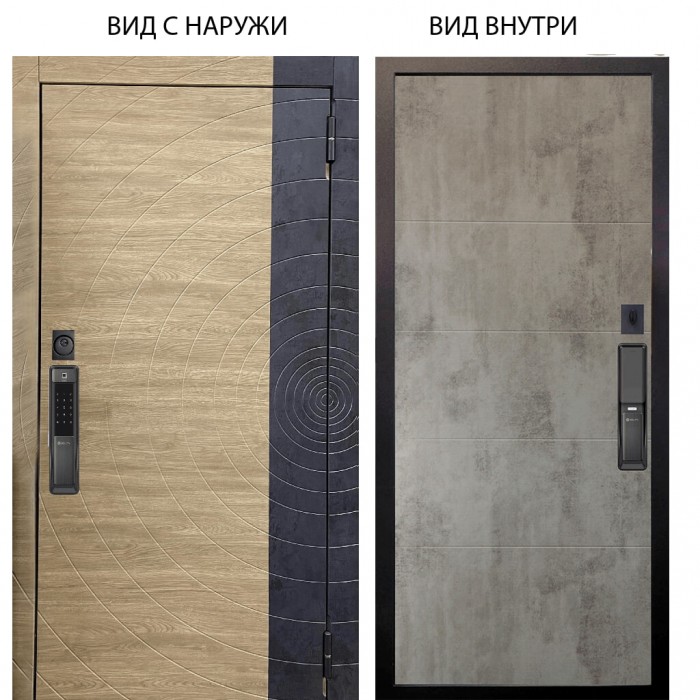 Входная дверь ARGUS SMART внешняя панель Раунд Дуб европейский красный горизонт вставка бетон урбан индиго внутренняя Агат Светлый бетон