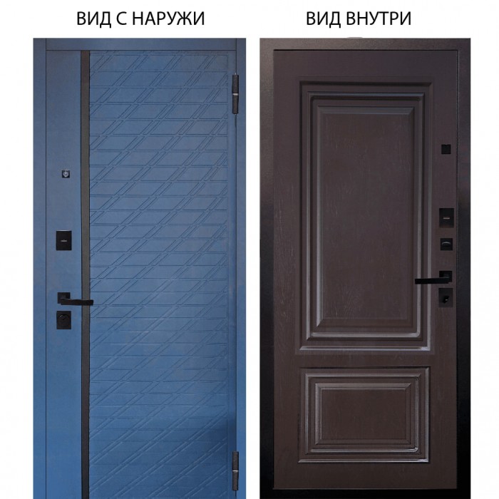 Входная дверь Берлога Нова внешняя панель Тори Синий софт внутренняя Элион Горький шоколад
