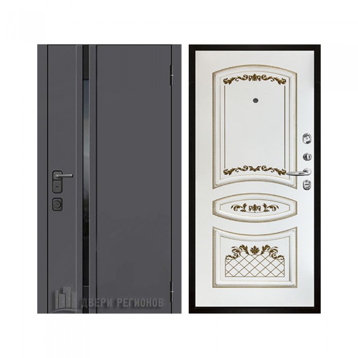 Уличная Обсидиан Термо, цвет Серая эмаль, вставка черное стекло, панель - Алина цвет Эмаль белая/Патина золото