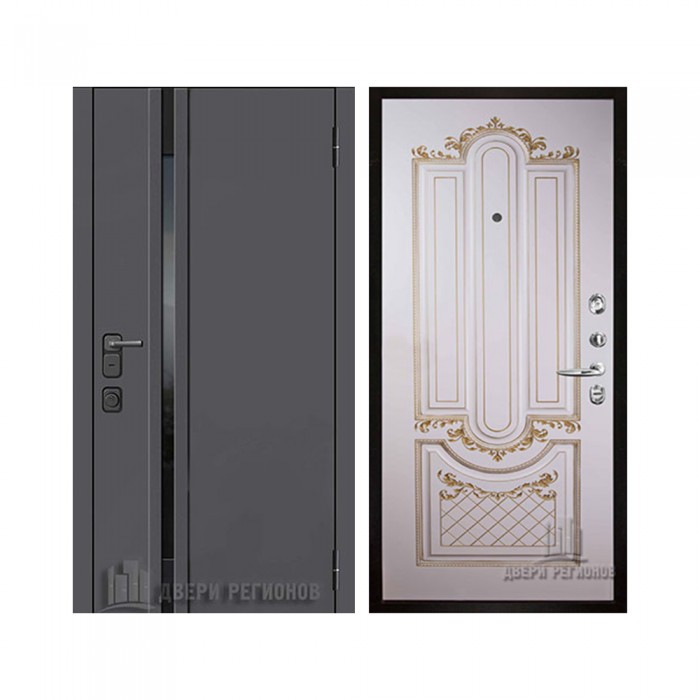 Уличная Обсидиан Термо, цвет Серая эмаль, вставка черное стекло, панель - Александрия цвет Эмаль слоновая кость/Патина золото