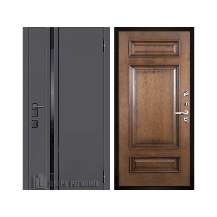 Уличная Обсидиан Термо, цвет Серая эмаль, вставка черное стекло, панель - Рим багет цвет Коньяк