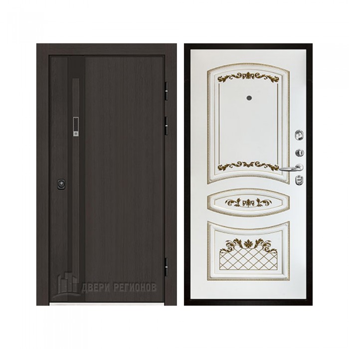 Дверь входная уличная Элит Термо, цвет Темный дуб, панель - Алина цвет Эмаль белая/Патина золото