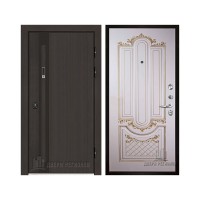 Дверь входная уличная Элит Термо, цвет Темный дуб, панель - Александрия цвет Эмаль слоновая кость/Патина золото