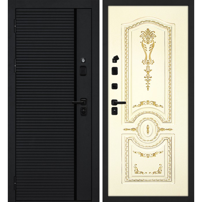 Дверь Скамбио Порте Галактика-173/Smalta 11 Черный мягкая шагрень / Слоновая кость ral 1013 патина золото