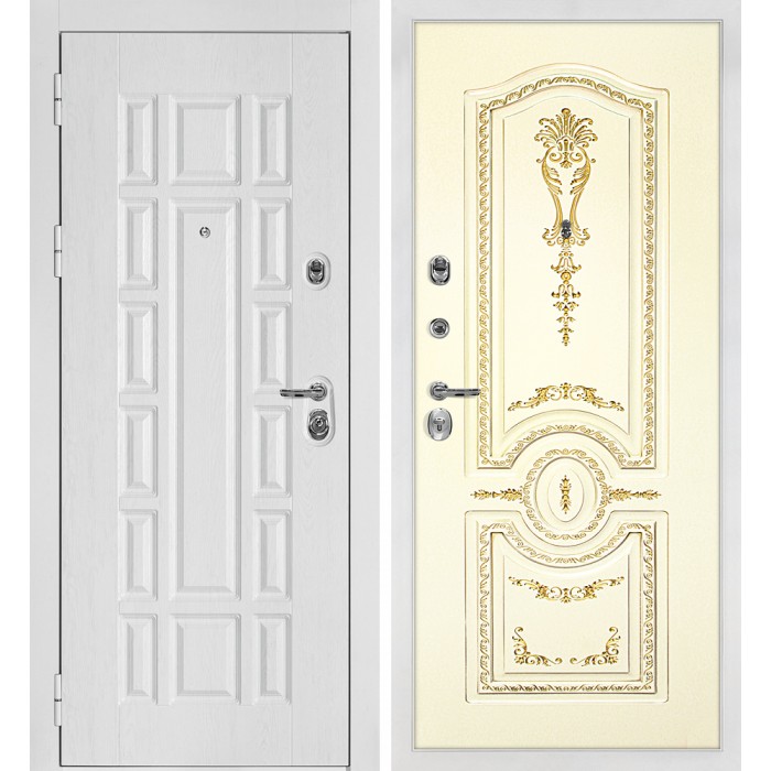 Дверь Скамбио Порте Квадро-124/Smalta-11 Белый дуб фактурный / Слоновая кость ral 1013 патина золото