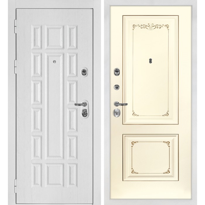 Дверь Скамбио Порте Квадро-124/Smalta-14 Белый дуб фактурный / Слоновая кость ral 1013 патина шампань