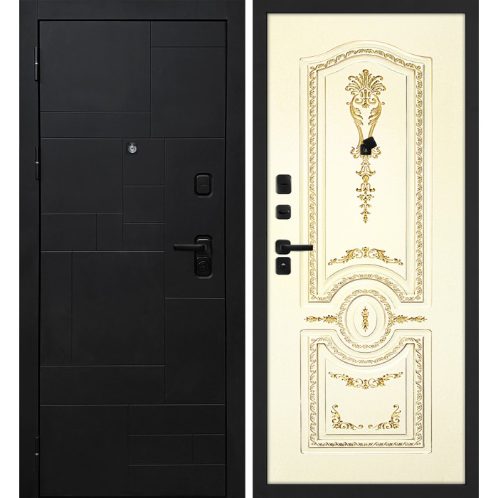 Дверь Скамбио Порте Лабиринт-201/Смальта-11 Черный мягкая шагрень / Слоновая кость ral 1013 патина золото