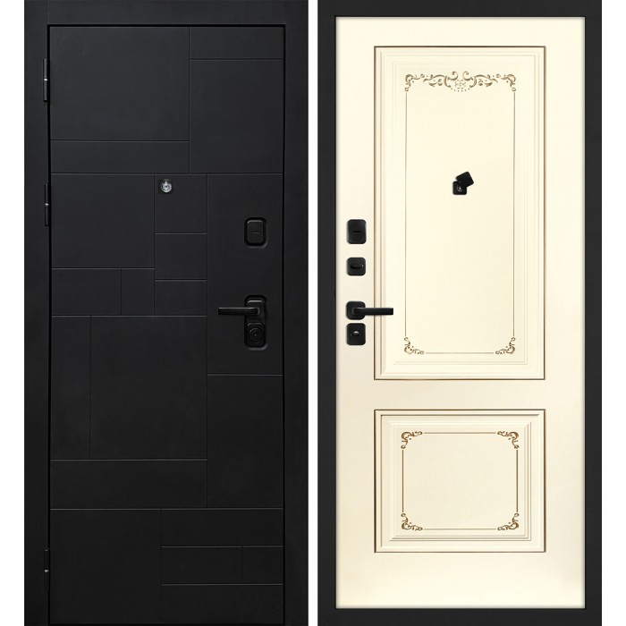 Дверь Скамбио Порте Лабиринт-201/Смальта-14 Черный мягкая шагрень / Слоновая кость ral 1013 патина шампань