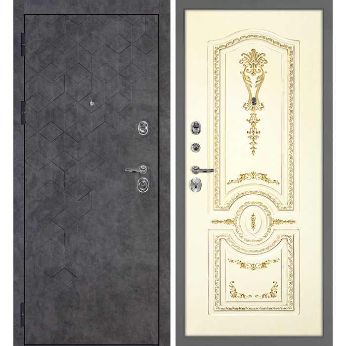 Дверь Скамбио Порте Тетра-126/Смальта-11 Бетон темный / Слоновая кость ral 1013 патина золото