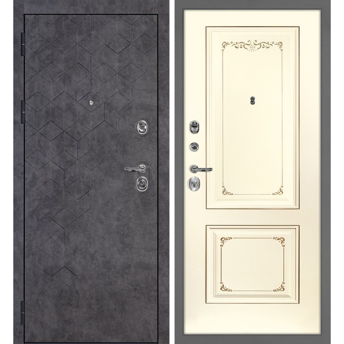 Дверь Скамбио Порте Тетра-126/Смальта-14 Бетон темный / Слоновая кость ral 1013 патина шампань