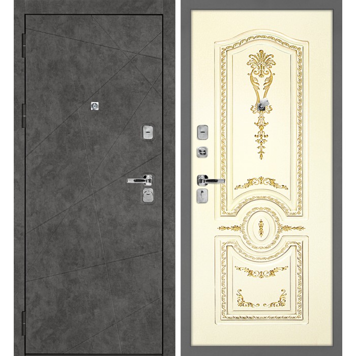 Дверь Скамбио Порте Урбан-127/Smalta-11 Бетон темный / Слоновая кость ral 1013 патина золото