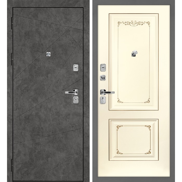 Дверь Скамбио Порте Урбан-127/Smalta-14 Бетон темный / Слоновая кость ral 1013 патина шампань