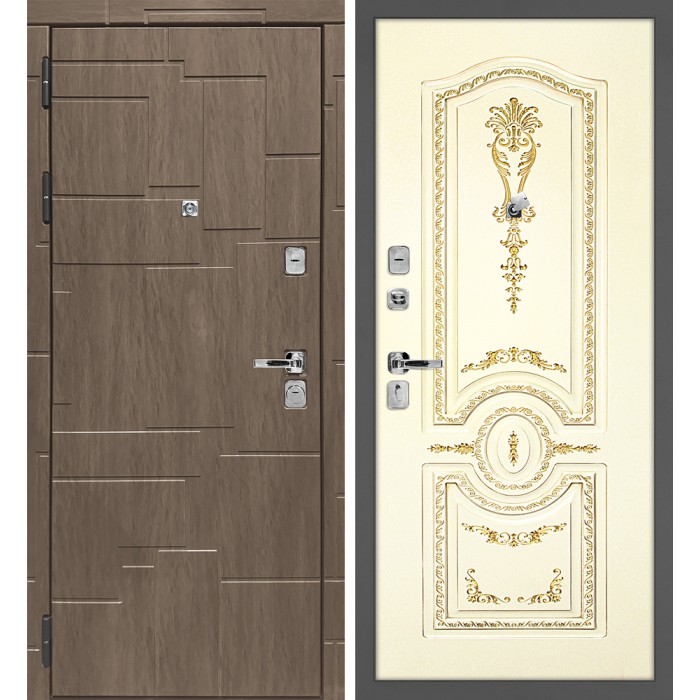 Дверь Скамбио Порте Домино/Смальта 11 Дымчатая луна / Слоновая кость ral 1013 патина золото