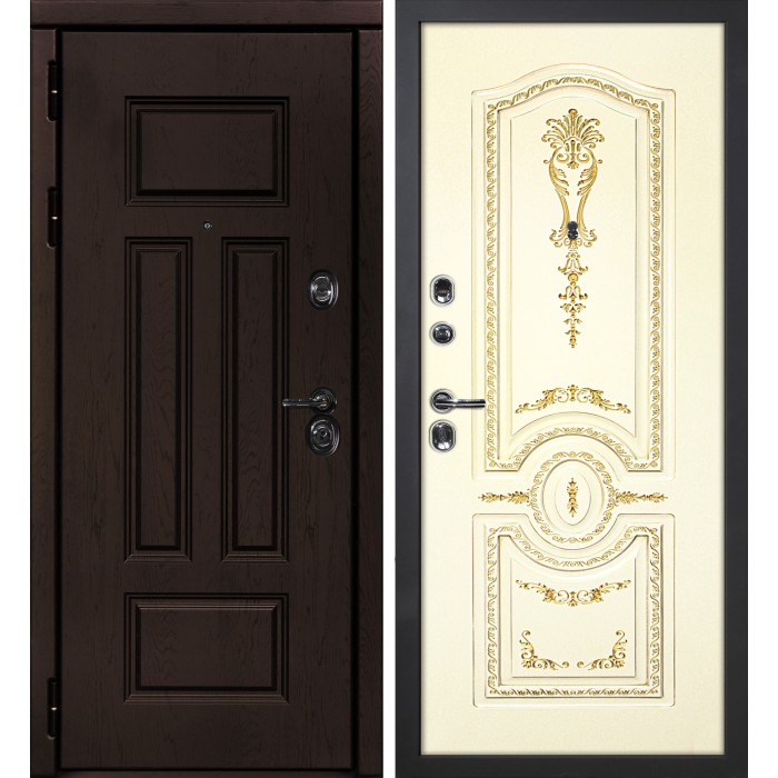 Дверь Скамбио Порте Э-2 /Смальта-11 Дуб крафт / Слоновая кость ral 1013 патина золото