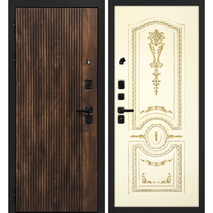 Дверь Скамбио Порте Лофт-1/Смальта-11 Дуб коньяк с патиной / Белый ral 9003 патина золото