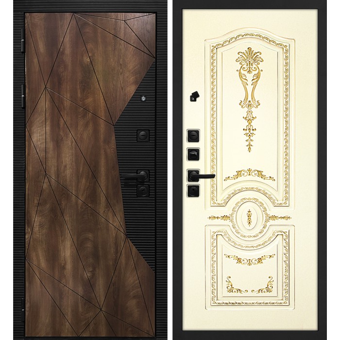 Дверь Скамбио Порте Лофт-2/ Смальта 11 Дуб коньяк с патиной / Слоновая кость ral 1013 патина золото