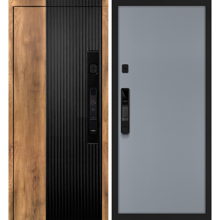 Дверь Скамбио Порте Орион смарт/Гладкая Орех пекан, черный кварц / Серый матовый