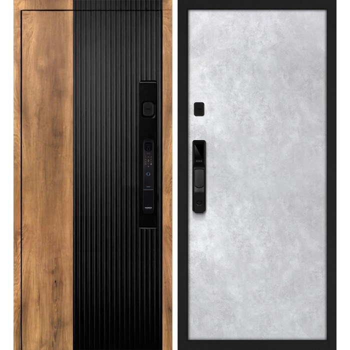 Дверь Скамбио Порте Орион смарт/Гладкая Орех пекан, черный кварц / Серый бетон