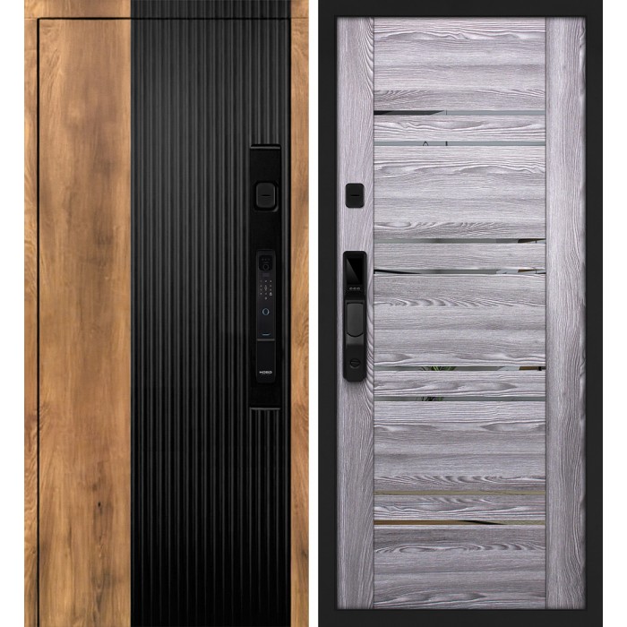 Дверь Скамбио Порте Орион смарт/ПСК-1 Орех пекан, черный кварц / Ривьера грей