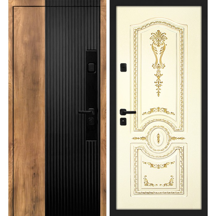 Дверь Скамбио Порте Орион/Смальта-Деко 11 Орех пекан, черный кварц / Слоновая кость ral 1013 патина золото