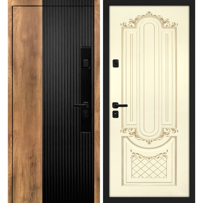Дверь Скамбио Порте Орион/Смальта-Деко 13 Орех пекан, черный кварц / Слоновая кость ral 1013 патина золото