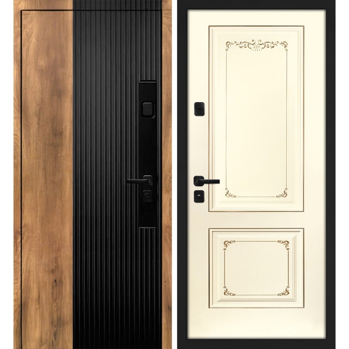 Дверь Скамбио Порте Орион/Смальта-Деко 14 Орех пекан, черный кварц / Слоновая кость ral 1013 патина шампань