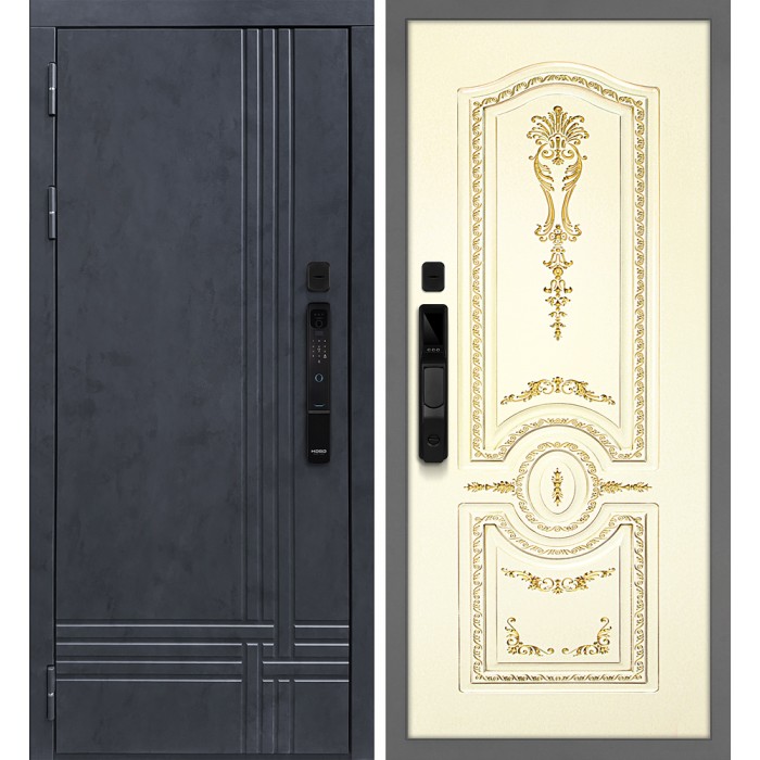 Дверь Скамбио Порте Осло смарт/Смальта 11 Бетон антрацит / Слоновая кость ral 1013 патина золото
