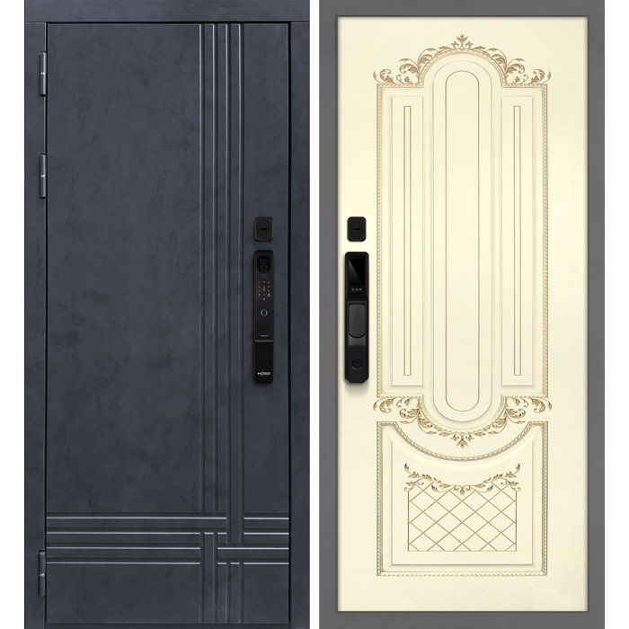 Дверь Скамбио Порте Осло смарт/Смальта 13 Бетон антрацит / Слоновая кость ral 1013 патина золото