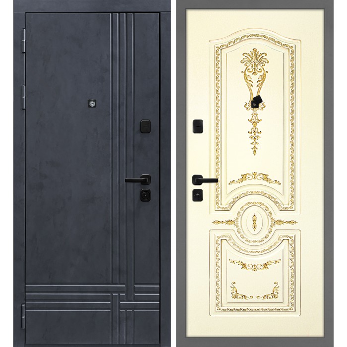 Дверь Скамбио Порте Осло/Смальта-11 Бетон антрацит / Слоновая кость ral 1013 патина золото