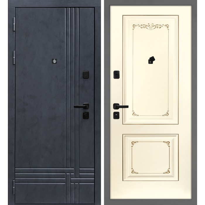 Дверь Скамбио Порте Осло/Смальта-14 Бетон антрацит / Слоновая кость ral 1013 патина шампань