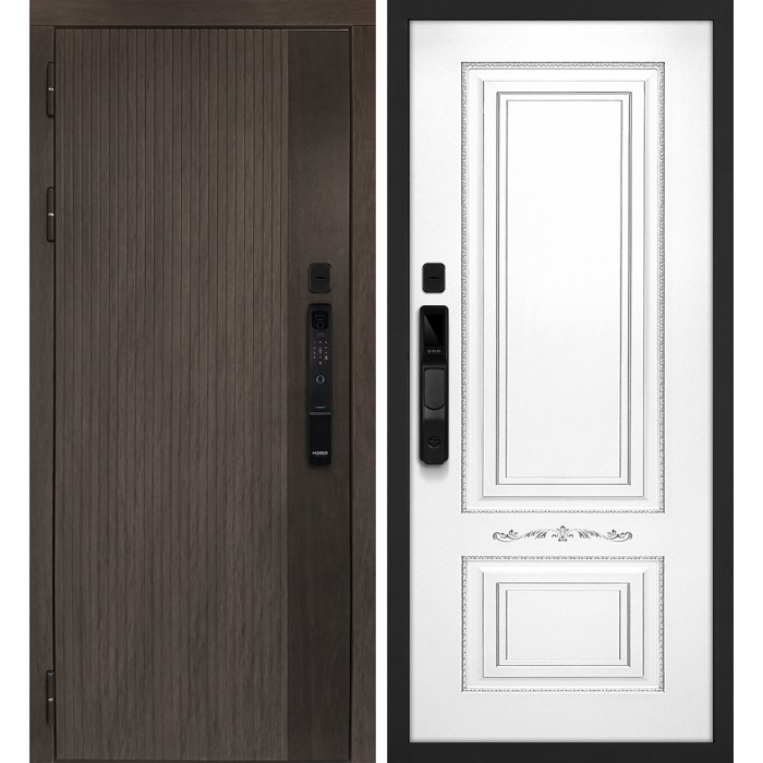 Дверь Скамбио Порте Вертикаль смарт/Смальта 04 Дымчатый камень, дуб мореный (замковая часть) / Белый ral 9003 патина серебро