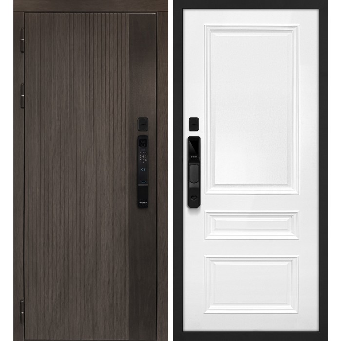 Дверь Скамбио Порте Вертикаль смарт/Смальта 06 Дымчатый камень, дуб мореный (замковая часть) / Белый ral 9003