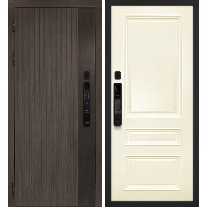 Дверь Скамбио Порте Вертикаль смарт/Смальта 06 Дымчатый камень, дуб мореный (замковая часть) / Слоновая кость ral 1013
