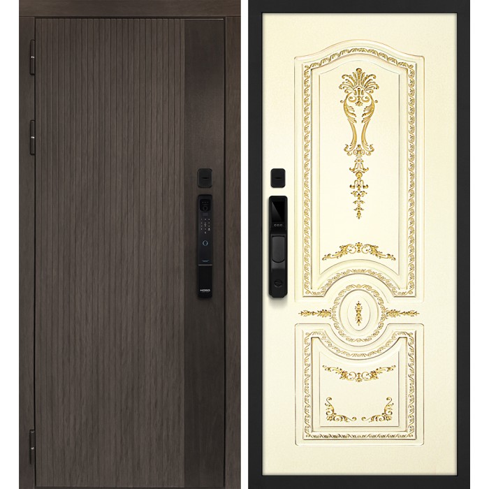 Дверь Скамбио Порте Вертикаль смарт/Смальта 11 Дымчатый камень, дуб мореный (замковая часть) / Слоновая кость ral 1013 патина золото