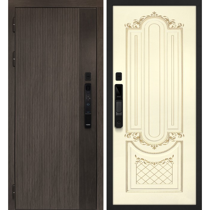 Дверь Скамбио Порте Вертикаль смарт/Смальта 13 Дымчатый камень, дуб мореный (замковая часть) / Слоновая кость ral 1013 патина золото