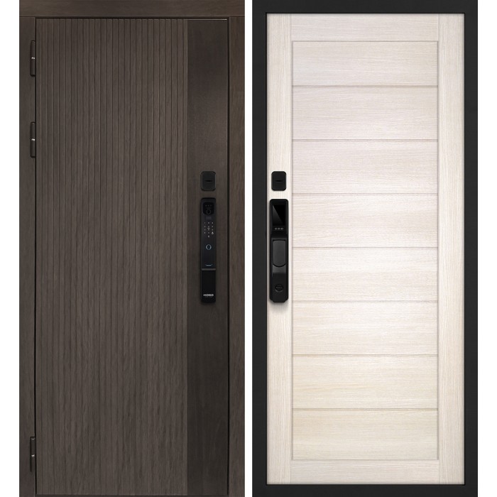 Дверь Скамбио Порте Вертикаль смарт/ТЕХНО 708 Дымчатый камень, дуб мореный (замковая часть) / Сандал бежевый