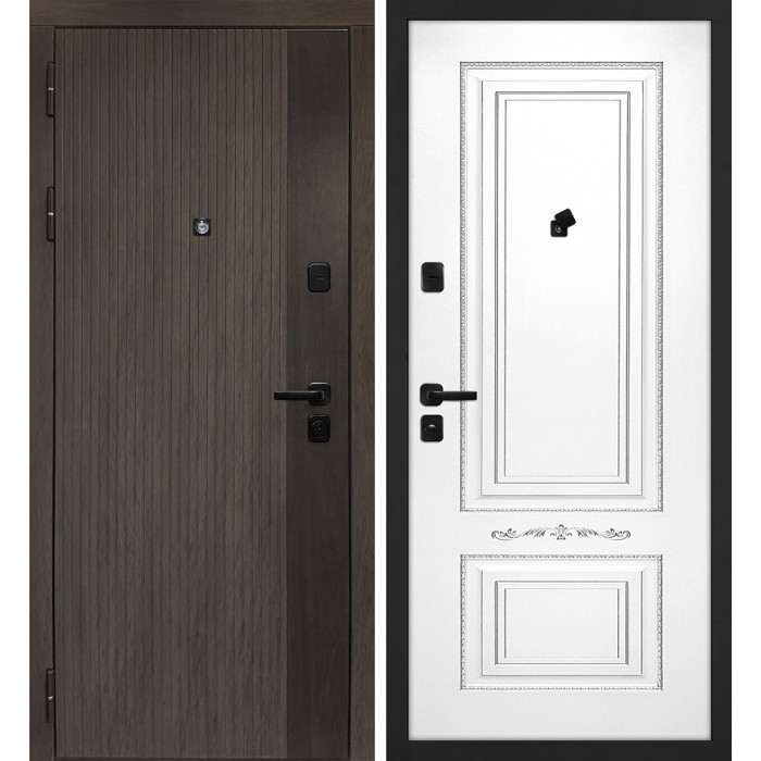 Дверь Скамбио Порте Вертикаль/Смальта 04 Дымчатый камень, дуб мореный (замковая часть) / Белый ral 9003 патина серебро