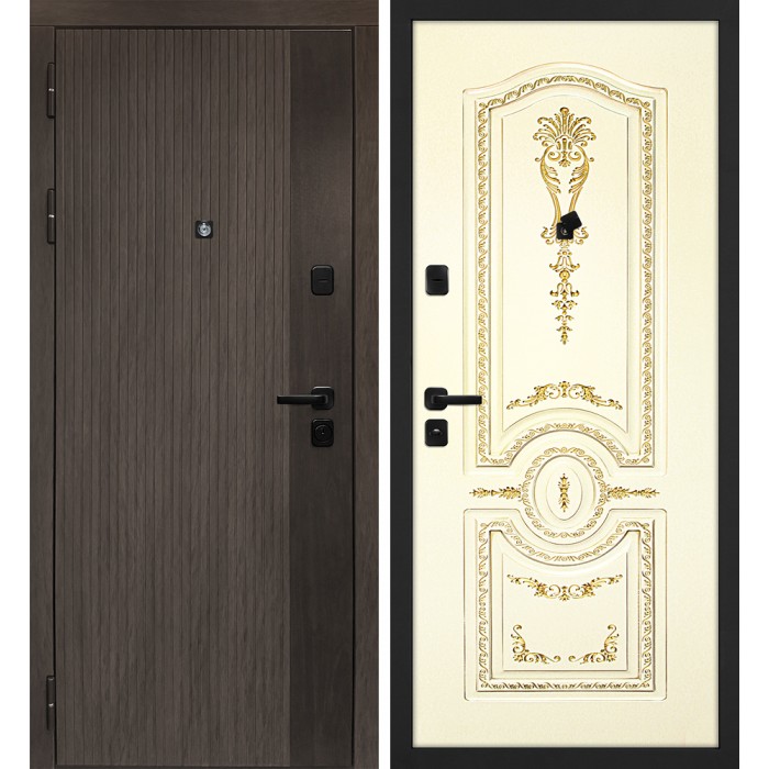 Дверь Скамбио Порте Вертикаль/Смальта 11 Дымчатый камень, дуб мореный (замковая часть) / Слоновая кость ral 1013 патина золото