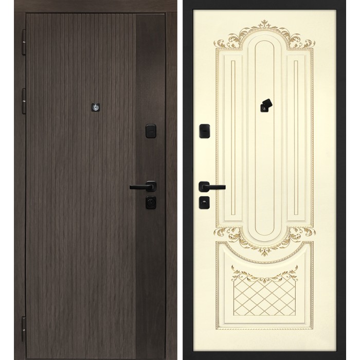 Дверь Скамбио Порте Вертикаль/Смальта 13 Дымчатый камень, дуб мореный (замковая часть) / Слоновая кость ral 1013 патина золото