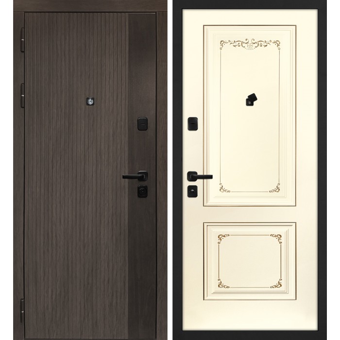 Дверь Скамбио Порте Вертикаль/Смальта 14 Дымчатый камень, дуб мореный (замковая часть) / Слоновая кость ral 1013 патина шампань
