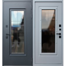 Стальная дверь «Titanium с окном и английской решеткой» с терморазрывом (Букле графит / Матовый белый)